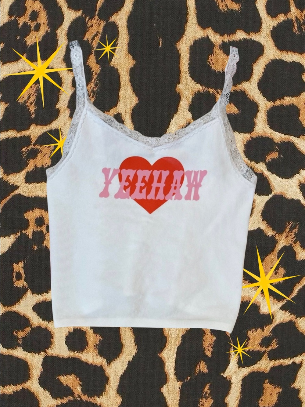 WILDER MADE WESTERN COWGIRL LACE TRIM WHITE 'YEEHAW' HEART CROP TANK SIZE M